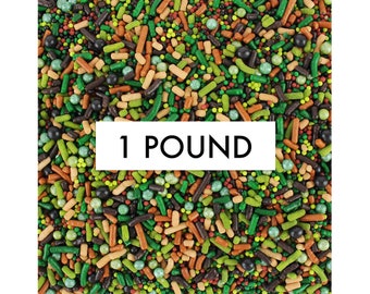Camo Sprinkle Blend 1 LB - A mix of soft jimmies, crunchy non-pareils, and sugar pearls, in outdoorsy shades of green, brown, and black.