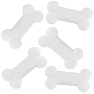May include: Five white plastic dog bone shaped cake decorations.