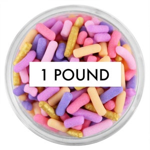 Unicorn Tales Jimmies 1 LB - An exclusive mix of soft jimmies in light pink, light purple, lavender, gold, rose pink and coral.