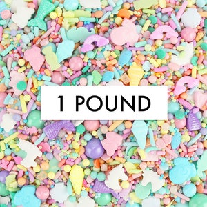 Pastel Rainbow Sprinkle Surprise Sprinkle Blend 1 LB - blend of our pastel jimmies, non-pareils, dots, sugar pearls, candy beads & shapes