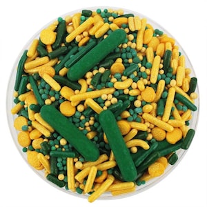 Mezcla de espolvoreado de espíritu de equipo verde oscuro y dorado: mezcla verde oscuro y dorado de jimmies, non-pareils, puntos espolvoreados, caramelos espolvoreados equipo deportivo