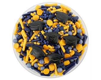 Navy Blue & Gold Graduation Sprinkle Blend - dark blue and gold blend, jimmies, non-pareils, dot sprinkles, candy sprinkles, graduation hat