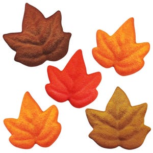 May include: Five autumn leaves in various shades of brown, orange, and red. The leaves are made of felt and have a slightly textured surface.