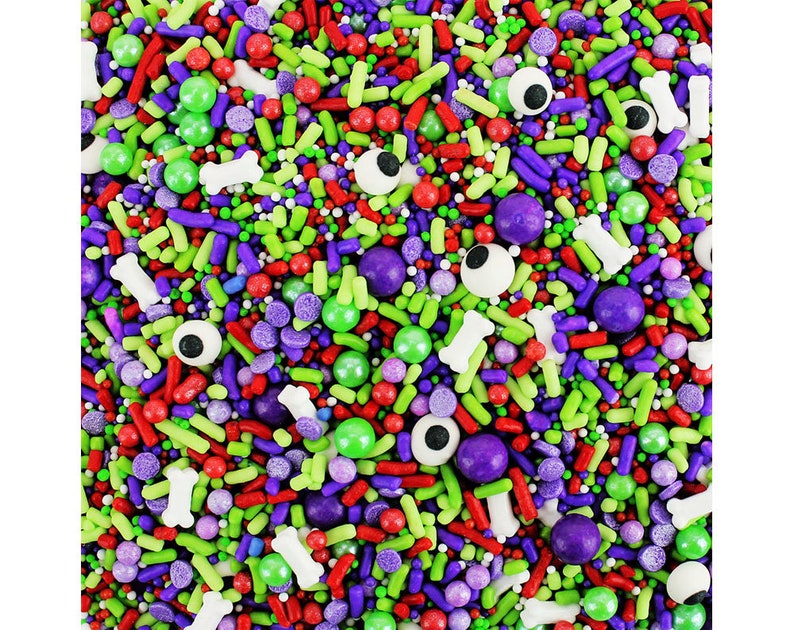 Zombie Sprinkle Blend mix of jimmies, non-pareils, dots, pearls, bones and eyeballs in purple, red, green and white image 1