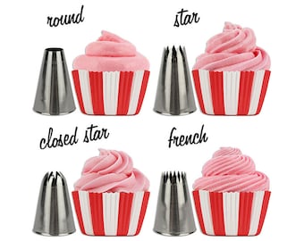 May include: Four different piping tips for decorating cupcakes, each with a cupcake decorated with pink frosting. The tips are labeled "round", "star", "closed star", and "french".