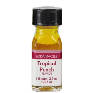 May include: A small glass bottle with a black cap filled with a yellow liquid. The label reads "Lorann Oils Tropical Punch Flavor 1 fl dram 3.7 ml .125 fl oz"