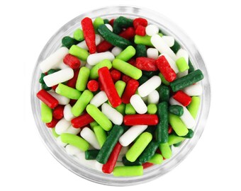 Christmas Jimmies Blend - festive red, white, dark green, and light green sprinkles for decorating cupcakes, cakes, cookies, and ice cream
