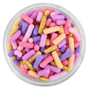 Unicorn Tales Jimmies - An exclusive mix of soft jimmies in light pink, light purple, lavender, gold, rose pink and coral.