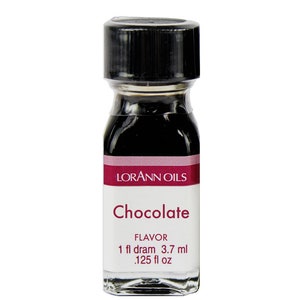 May include: A small glass bottle of chocolate flavor extract with a black cap. The label features the brand name "LorAnn Oils" and the word "Chocolate" in red and white. The bottle contains 3.7 ml or .125 fl oz of extract.