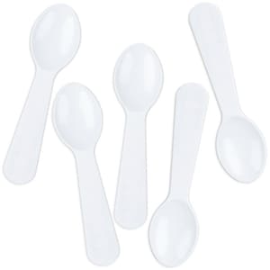 May include: Six white plastic spoons, ideal for serving ice cream or other desserts.