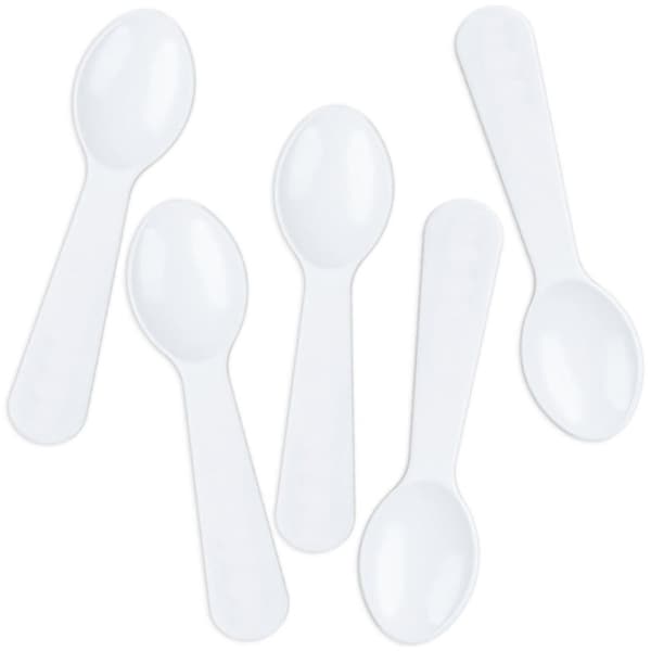 Mini White Ice Cream Taster Spoons - tiny bright white spoons for ice cream, yogurt, and miniature treats
