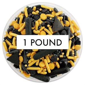 Black & Gold Team Spirit Sprinkle Blend 1 LB - black and gold blend of jimmies, non-pareils, dot sprinkles, candy sprinkles sports team