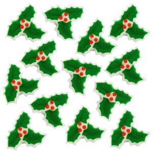 May include: Green and white holly leaf decorations with red berries. The holly leaves are made of felt and have a white border. The berries are red and round.