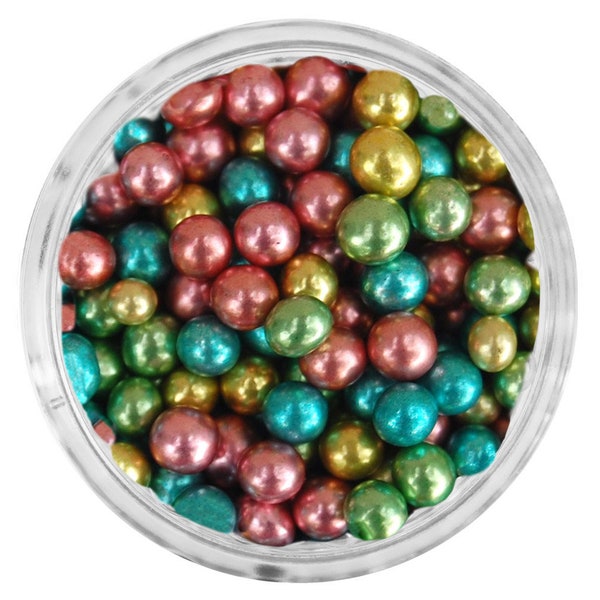 Multicolored Dragees - 1 OZ - Pretty metallic dragees in super shiny pink, gold, green, and blue.