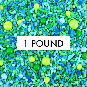 Seas The Day Sprinkle Blend 1 LB - A mix of jimmies, non-pareils, sugar pearls, dots, candy beads, and sixlets in shades of green and blue.