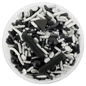 Black & Silver Team Spirit Sprinkle Blend - black and silver blend of jimmies, non-pareils, dot sprinkles, candy sprinkles sports team