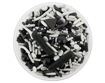 Black & Silver Team Spirit Sprinkle Blend - black and silver blend of jimmies, non-pareils, dot sprinkles, candy sprinkles sports team
