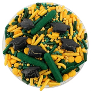 Donkergroen en goud afstudeerstrooimengsel - bosgroen goudmengsel, jimmies, non-pareils, punthagelslag, snoephagelslag, afstudeerhoed