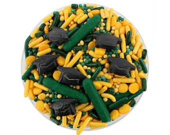 Dark Green & Gold Graduation Sprinkle Blend - forest green gold blend, jimmies, non-pareils, dot sprinkles, candy sprinkles, graduation hat
