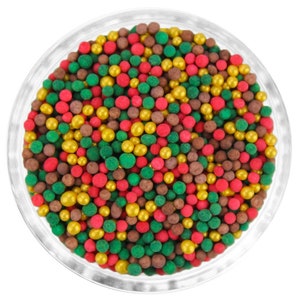 Miscela non-pareils Gingerbread House - La nostra miscela per casa di pan di zenzero è un mix di non-pareils in rosso ciliegia, verde, oro perlato e marrone