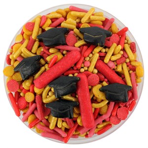 Red & Gold Graduation Sprinkle Blend - rot-goldene Mischung aus Jimmies, Non-Pareils, Dot-Streuseln, Candy Streuseln und Abschlusshut