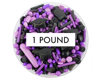 Purple & Black Graduation Sprinkle Blend 1 LB - purple black blend of jimmies, non-pareils, dot sprinkles, candy sprinkles, graduation hat
