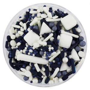 Navy Blue & White Team Spirit Sprinkle Blend - navy blue and white blend of jimmies, non-pareils, dot sprinkles, candy sprinkles sports team