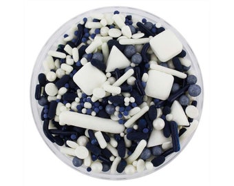 Navy Blue & White Team Spirit Sprinkle Blend - navy blue and white blend of jimmies, non-pareils, dot sprinkles, candy sprinkles sports team