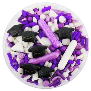 Purple & White Graduation Sprinkle Blend - purple and white blend of jimmies, non-pareils, dot sprinkles, candy sprinkles, graduation hat