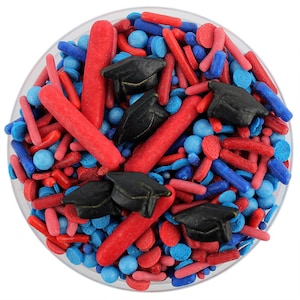 Red & Royal Blue Graduation Sprinkle Blend - rote und blaue Mischung aus Jimmies, Non-Pareils, Dot Streuseln, Candy Streuseln, Abschlusshut