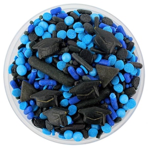 Royal Blue & Black Graduation Sprinkle Blend - eine blau-schwarze Mischung aus Jimmies, Non-Pareils, Dot Streuseln, Candy Streuseln, Graduation Hat