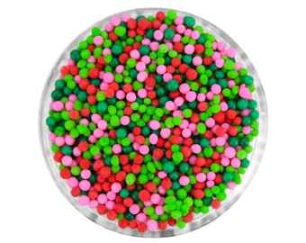 Merry & Bright Non-Pareils Blend - Our merry and bright blend is a mix of non-pareils in cherry red, princess pink, green, and lime green