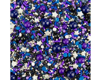 Galaxy Sprinkle Blend - Our blend is a mix of jimmies, non-pareils, sixlets, dragees, and silver stars in purple, blue, silver, & black.