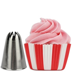 May include: A stainless steel star-shaped piping tip next to a cupcake with pink frosting in a red and white striped liner. The cupcake frosting is swirled and textured, suggesting a bakery or dessert theme.