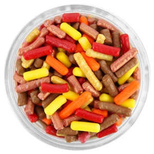Autumn Jimmies Blend - mix of orange, yellow, red, brown, gold and rose gold jimmies for decorating cupcakes, cakes, cookies, and ice cream