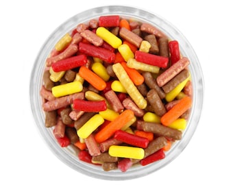 Autumn Jimmies Blend - mix of orange, yellow, red, brown, gold and rose gold jimmies for decorating cupcakes, cakes, cookies, and ice cream