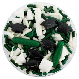 Donkergroen en wit afstudeerstrooimengsel - bosgroen en wit, jimmies, non-pareils, stiphagelslag, snoephagelslag, afstudeerhoed