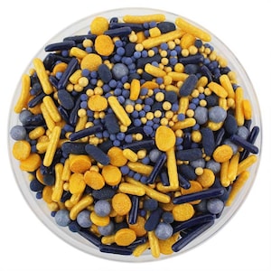 Navy Blue & Gold Team Spirit Sprinkle Blend - navy blue and gold blend of jimmies, non-pareils, dot sprinkles, candy sprinkles sports team