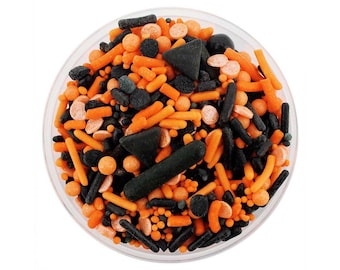 May include: A bowl of orange and black sprinkles for baking and decorating. The sprinkles include small balls, long and short sticks, and triangles.