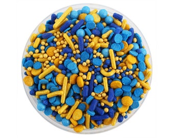 Royal Blue & Gold Team Spirit Sprinkle Blend - blue and gold blend of jimmies, non-pareils, dot sprinkles, candy sprinkles sports team