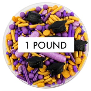 Paars en goud afstudeerstrooimengsel 1 pond - paarse en gouden mix van jimmies, non-pareils, punthagelslag, snoephagelslag, afstudeerhoed
