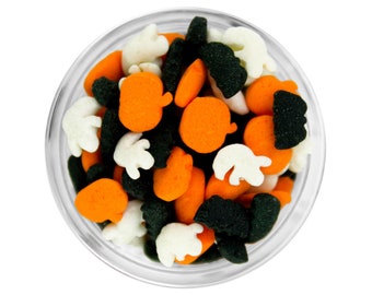 Halloween Assortment Sprinkles - Little white ghosts, orange pumpkins, and black bats to sprinkle on festive Halloween treats.