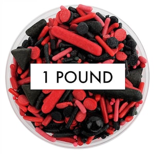 Red & Black Team Spirit Sprinkle Blend 1 LB - red and black blend of jimmies, non-pareils, dot sprinkles, candy sprinkles sports team