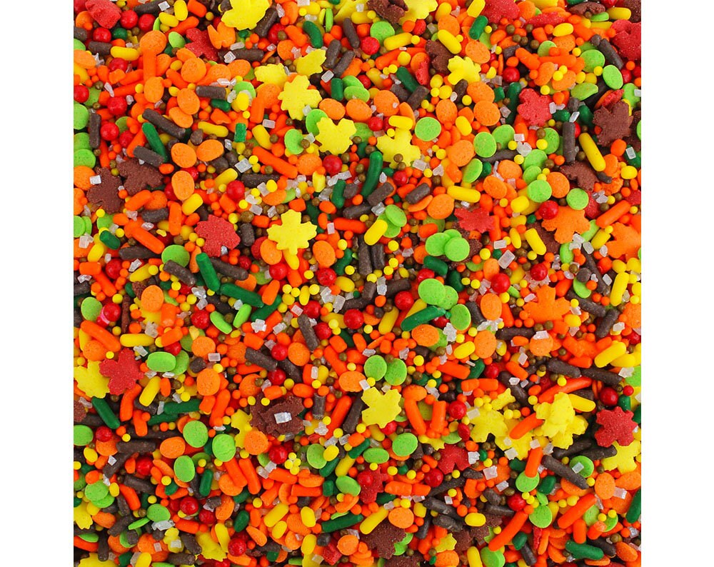 Classic Autumn Sprinkle Blend - blend is a mix of jimmies, leaves, dots, non-pareils in red, orange, yellow, green, and brown
