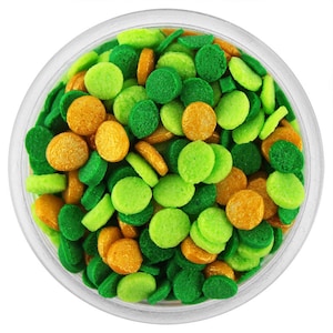 St Patricks Confetti Dot Sprinkles Assortment - bright polka dot sprinkles in green and gold for decorating cupcakes, cakes, cookies