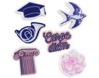 Carpe Diem Graduation Sugars - pretty sugar graduation hats, birds, flowers for topping your cupcakes and sweet goodies!
