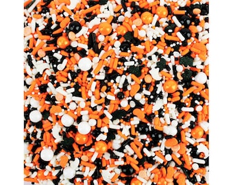 Halloween Sprinkle Blend - mix of jimmies, non-pareils, ghosts, pumpkins pearls and dots in orange, black and white