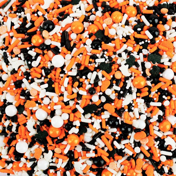 Halloween Sprinkle Blend - mix of jimmies, non-pareils, ghosts, pumpkins pearls and dots in orange, black and white