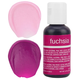 May include: A small bottle of fuchsia food coloring with a pink and purple color swatch next to it. The bottle label reads "fuchsia".