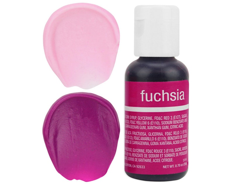 May include: A small bottle of fuchsia food coloring with a pink and purple color swatch next to it. The bottle label reads "fuchsia".